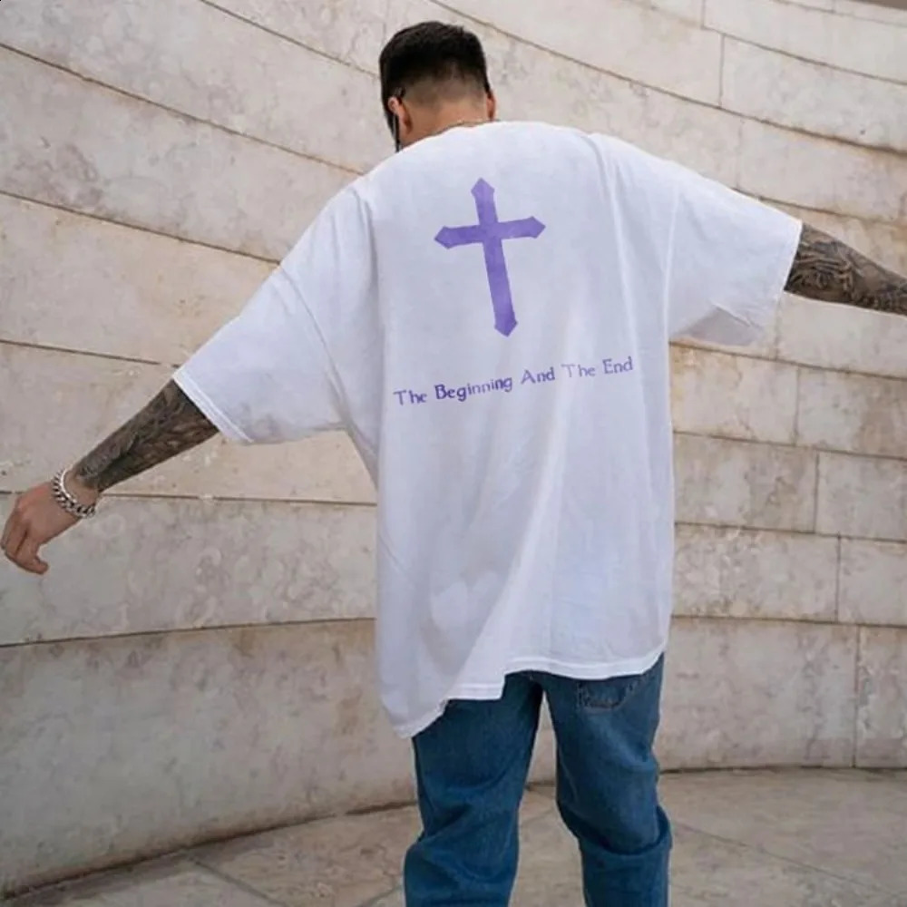 Cross Graphic Print Tshirt mens Y2K short sleeved retro oversized womens top 240822