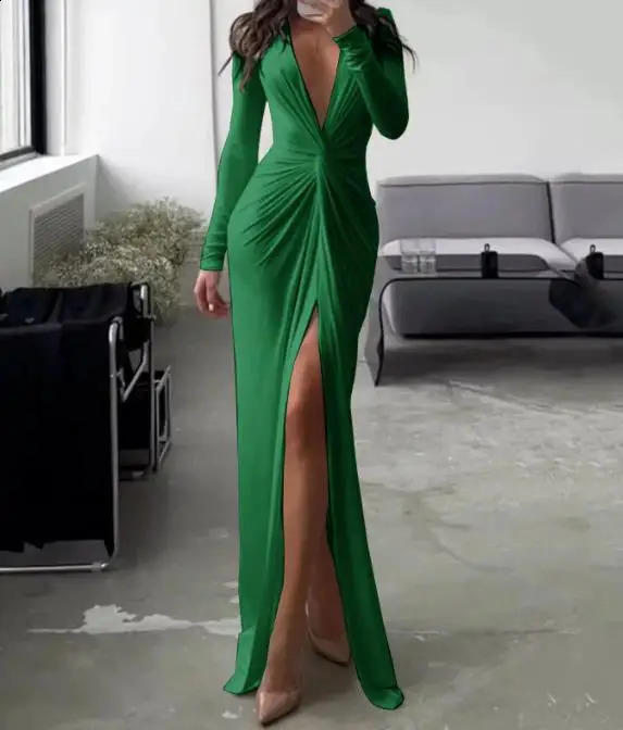 Autumn Winter Spring Fashion Casual Sexy V-Neck Long Sleeve Solid Slim Pleated Dress Elegant Party Dresses for Women 240823