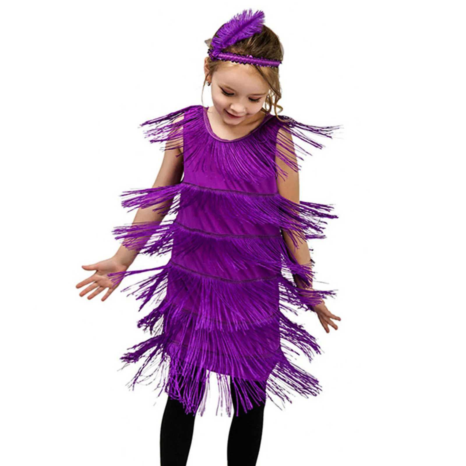 Childrens edge leather girl lapel dress sequined edge Latin dance dress tassel tango dress feather headband clothing W240823