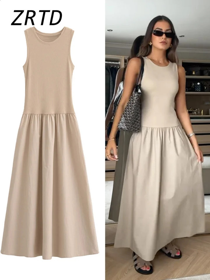 Elegant Patchwork Pleated Long Dress Women Slim O-neck Sleeveless Casual Female Dresses Autumn Lady Solid Vacation Robe 240822