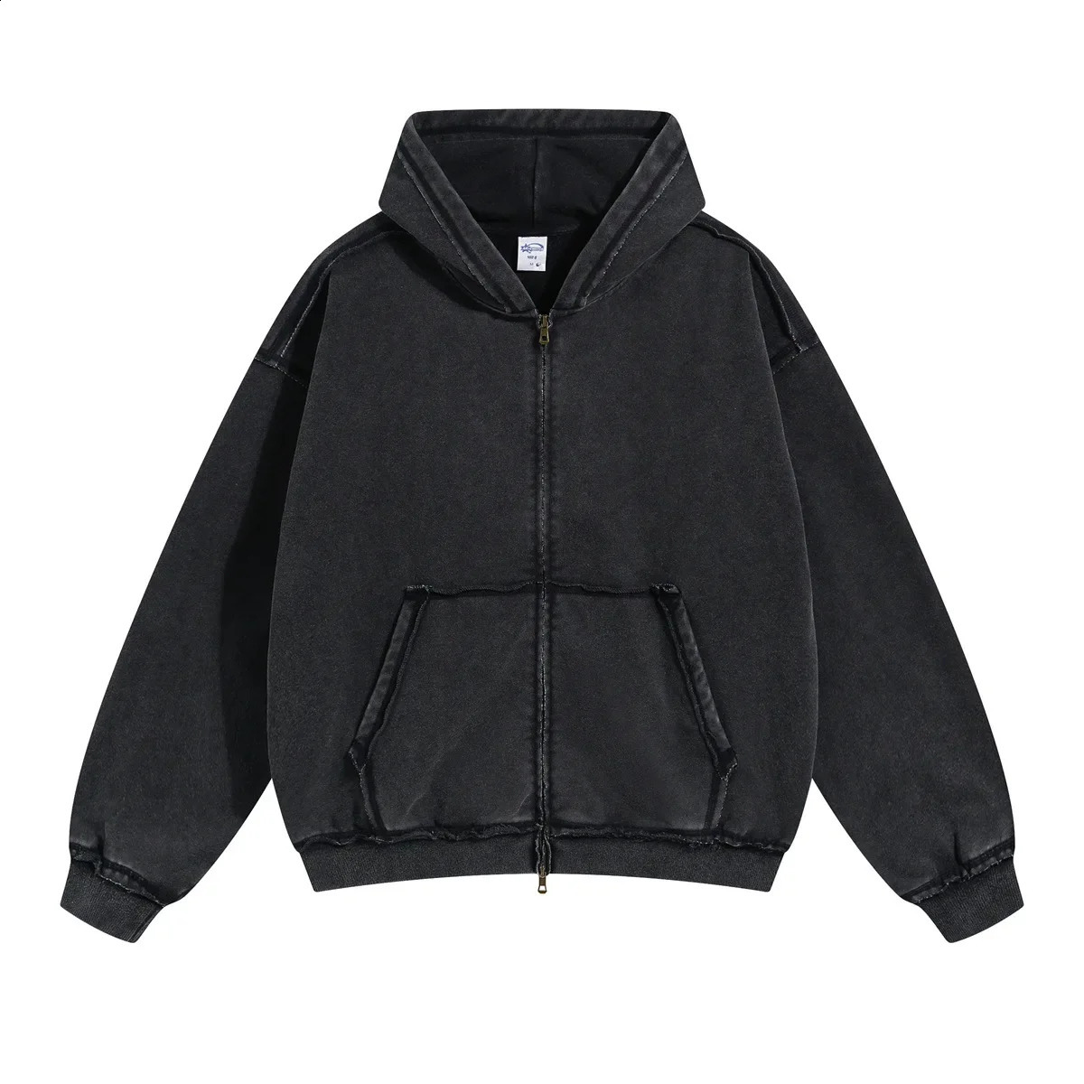 Wash Distressed Vinatge Loose Edged Double Zipper Up Hoodie Y2k Mens 100 Cotton Autumn/Winter in Hoodies Sweatshirts 240823