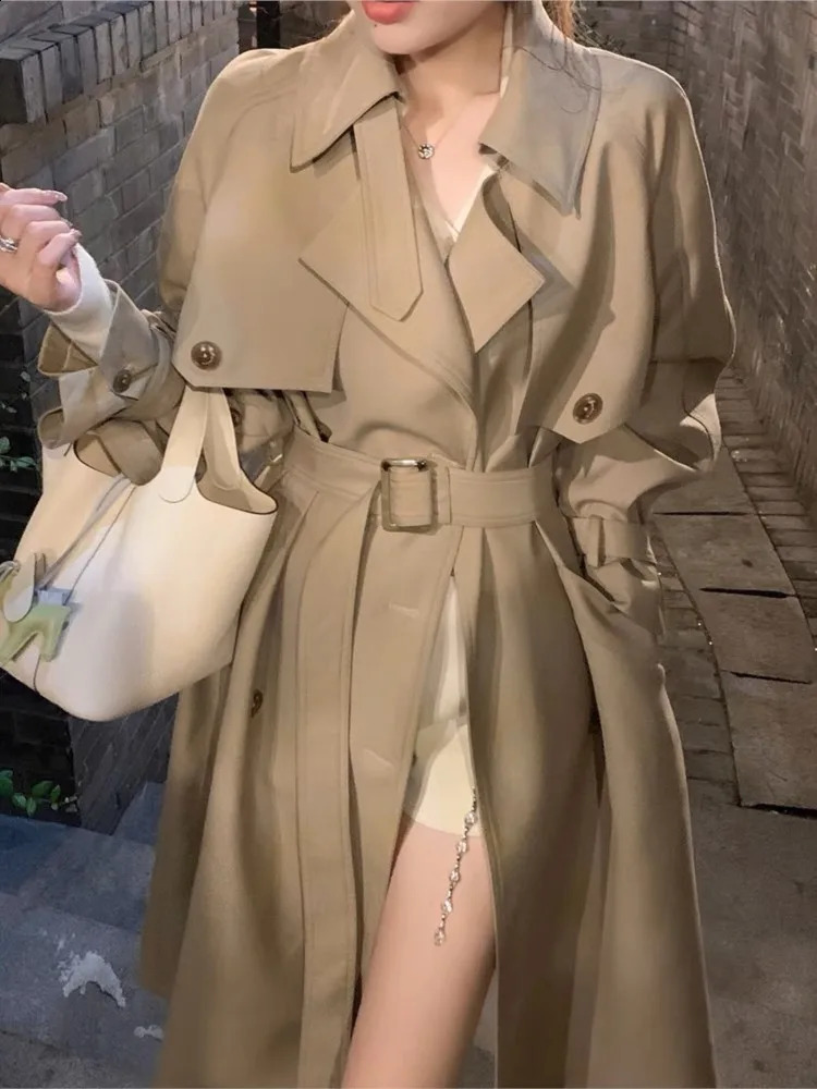 Autumn Winter Khaki Long Trench Coat for Women Jacket Elegant Outerwear Turn-down Collar Tie Belt Korean Chic Windbreaker 240822