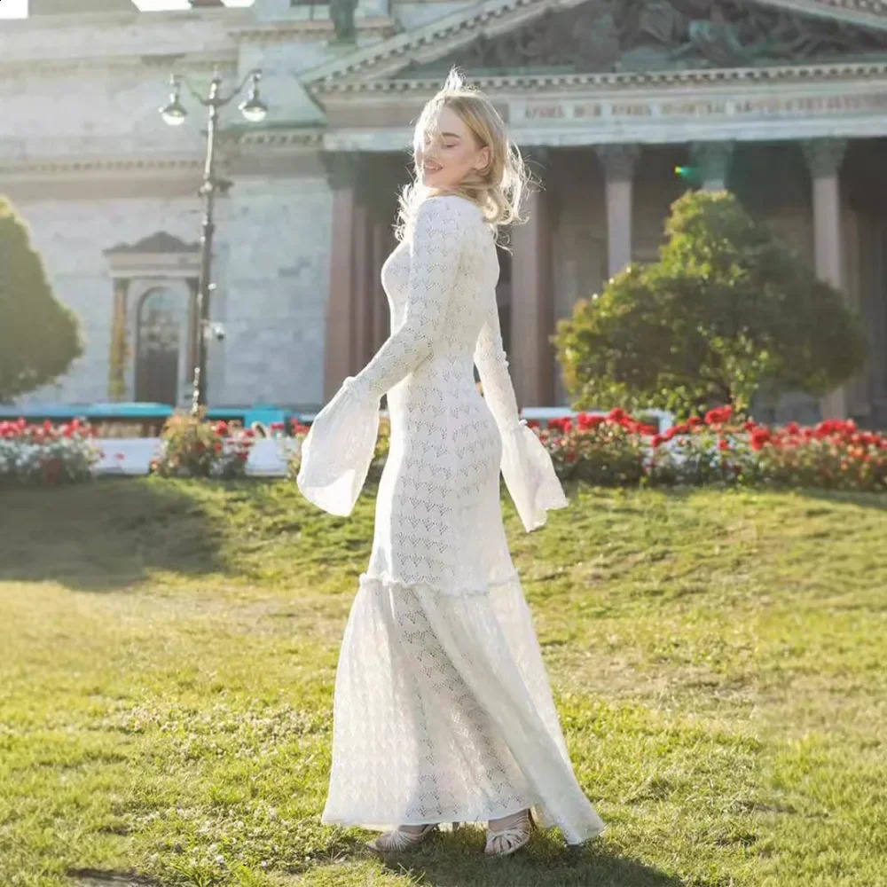 Long Sleeve Knitted Dress Women Fashion Hollow Out Slim Maxi Sweater Dresses Autumn Winter Sexy See Through Evening Party Dress 240823