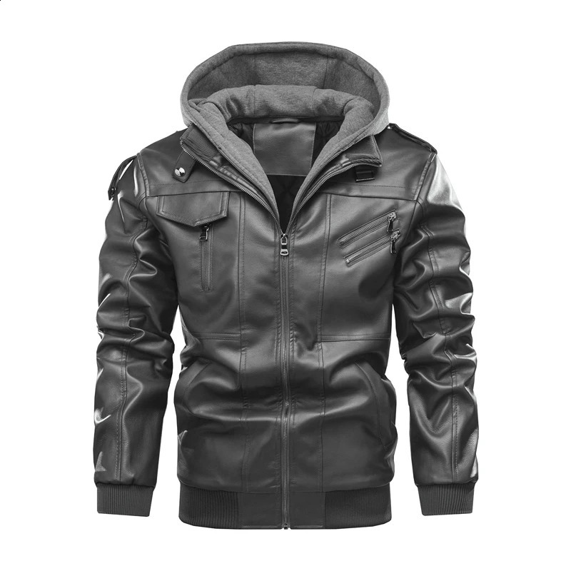 Faux leather jacket mens autumn and winter leather jacket mens windproof and warm motorcycle jacket hooded Pu jacket K483 240822