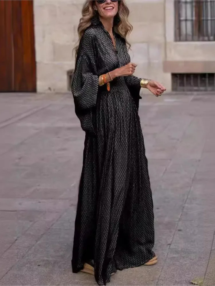 Vintage Boho Womens Casual Dress Sping Fall Fashion V-neck Lantem Sleeve Folds Waist Loose Maxi Streetwear Dresses For Women 240822