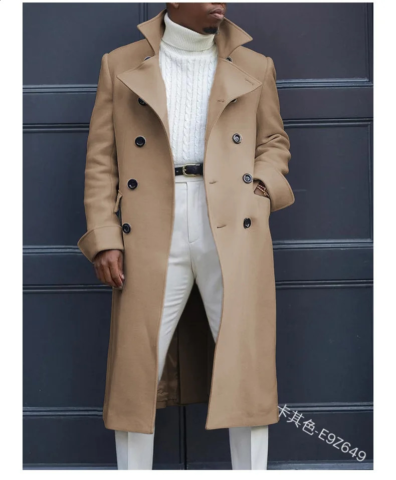 Male Solid White Blue Gray England Style Woolen Overcoat Double-Breasted Long Trench Coat Casual Winter Men Fashion Warm Jackets 240822