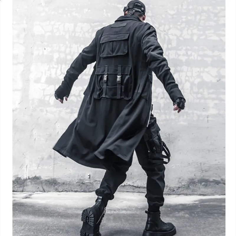 High Quality Multi-pocket Function Punk Hip Hop Trench Coat Men Techwear Style Street Casual Cargo Long Jacket Cloak 240822