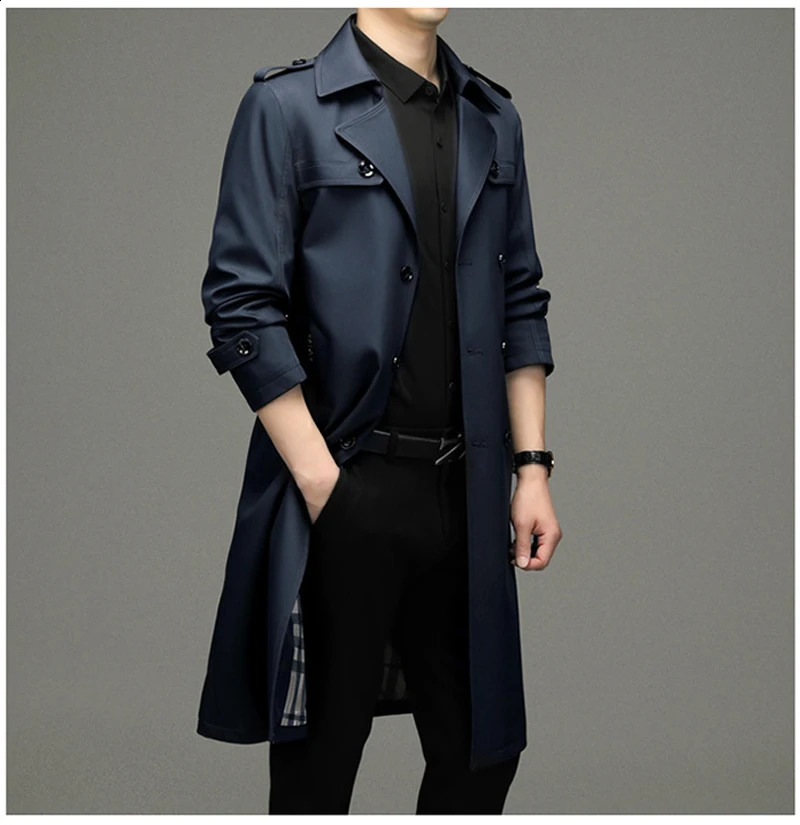 Mens Extra Long Double Breasted Trench Coat Autumn Casual Notch Lapel Belted Windbreaker Slim Fit Business Overcoats 240822