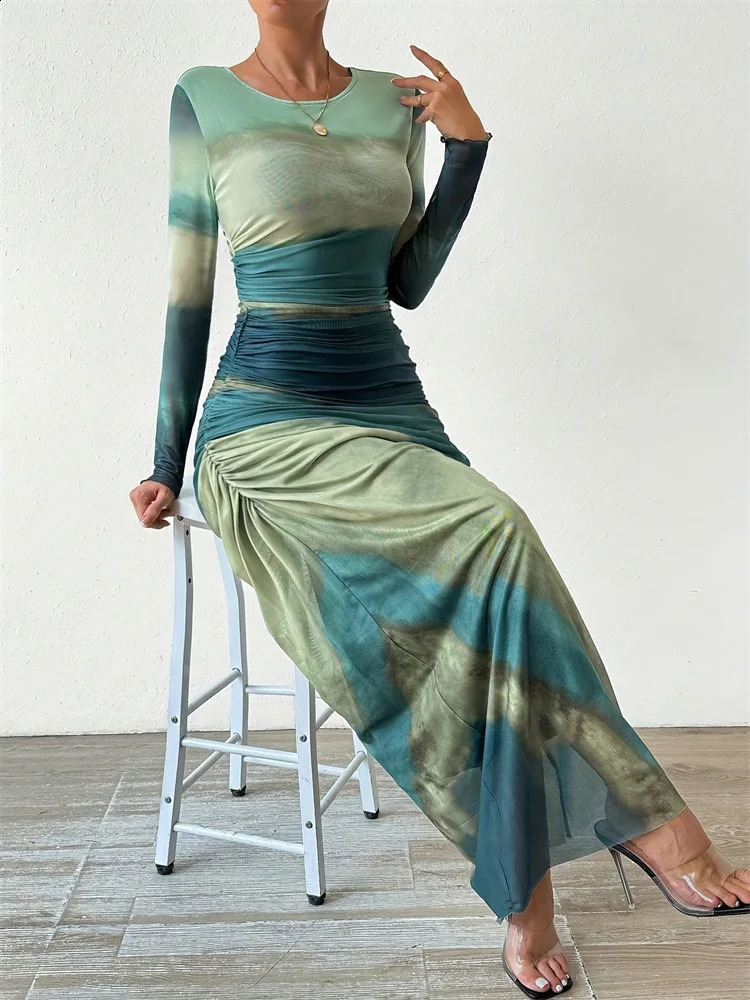 LnstLike Mesh Folding Sexy Tie Dye Womens Long Skirt Perspective Bodycon Round Neck Long Sleeve Summer Party Temperament Dress 240823