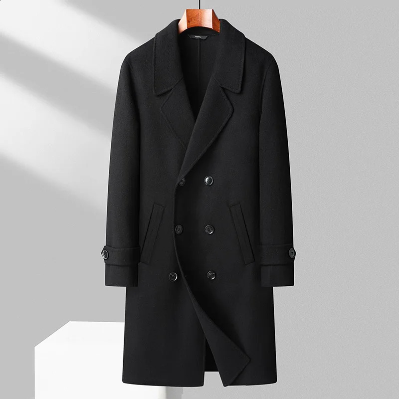 100% Wool Coat Mens Autumn Winter Business Casual Double Breasted Long Woolen Overcoat Outwear Solid Wool Windbreak Jacket 240822