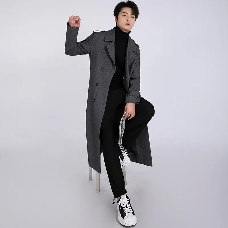 Fashion Autumn Winter Men Trench Coat British Style Double breasted Long Windbreaker Warm Outwear Grey Jacket 240822