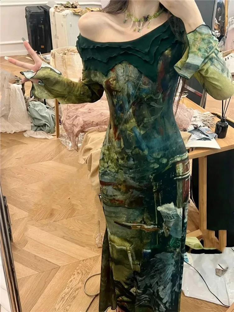 Elegant Vintage Green Print Dresses Y2k Skew Collar Long Sleeve Dress for Women Spring Slim Fit Bodycon Vestidos Mujer 240822