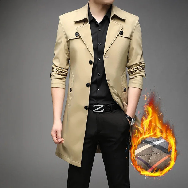 Autumn Spring Winter High Quality Medium Long Trench Coat with Cotton Thickened Mens Suit Collar Young Casual Mens Wear 240822