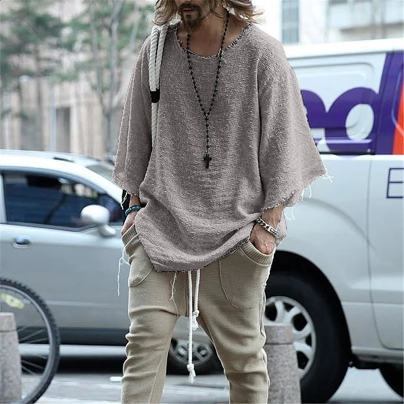 Long Sleeve O-neck T-shirt Mens Casual Loose Top Thin Solid Color Mens Knitted Street Style Pullover T-shirt Mens Clothing 240823