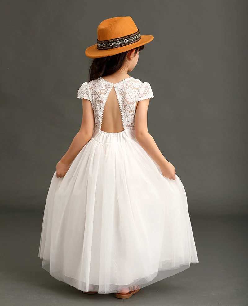 Bohemian style girl lace mesh patch V-neck backless fashionable wedding flower girl evening dress 4 6 7 8 10 14 W240823