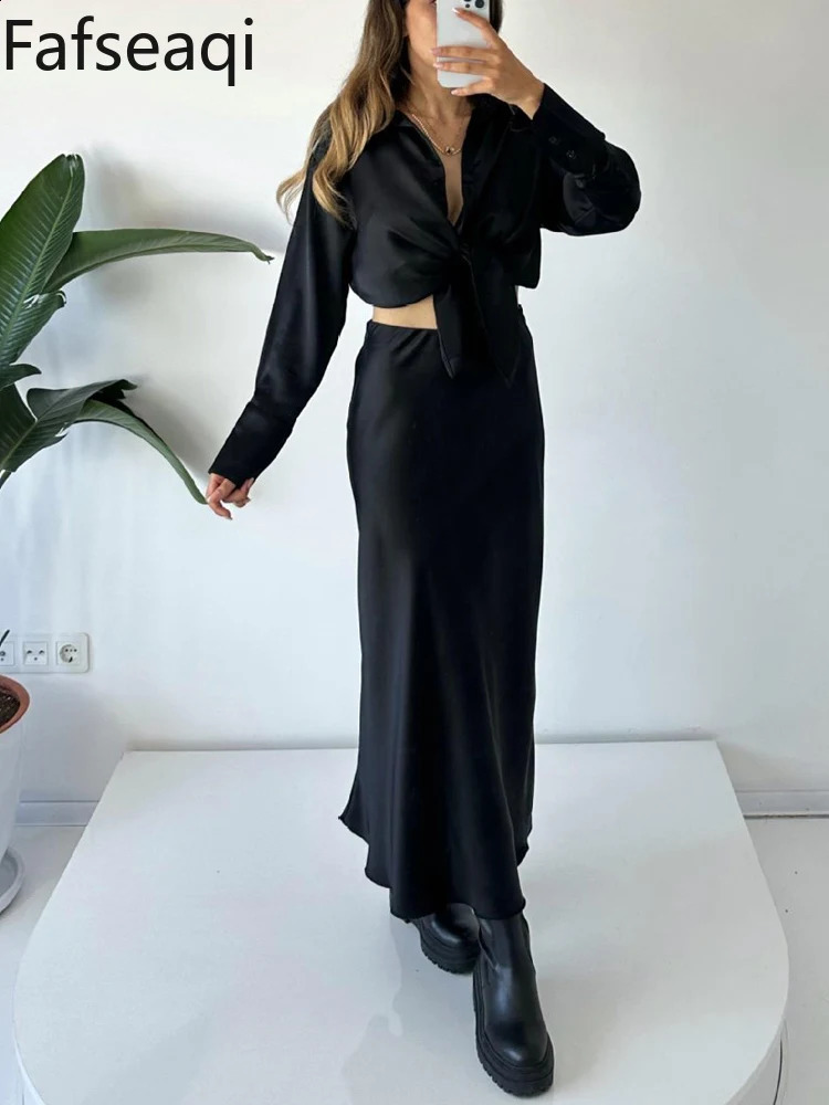 INS Satin Skirt Suit Set for Women Spring Elegant Office A-line Skirts Buttons Shirt Two-piece Set Womens Tracksuit Outfit 240823
