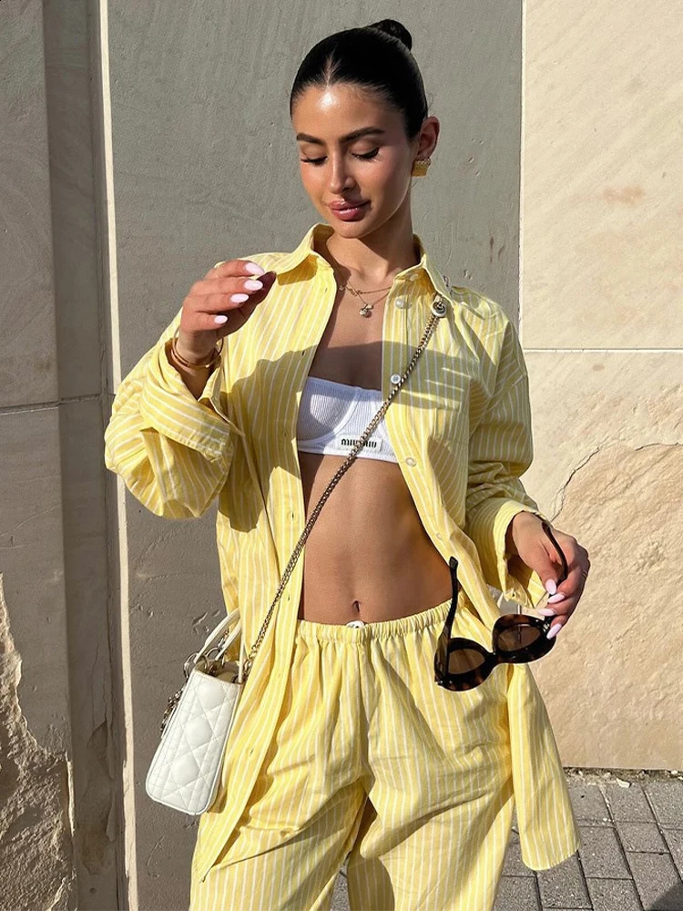Casual striped shirt Trouser set womens single chest long sleeved loose T-shirt wide leg pants set 2024 street womens clothing 240823
