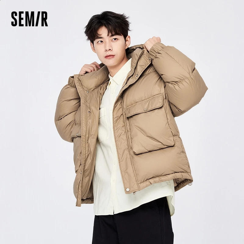 Mens semi down jacket winter warm and comfortable simple solid color casual hooded trend 240822