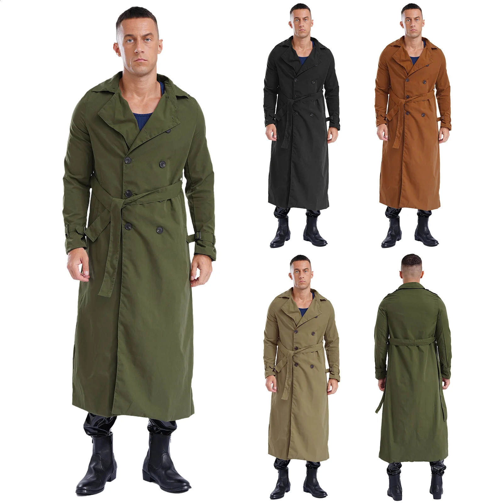 Men Fashion Open Front Trench Coat Casual Notched Lapel Long Sleeve Long Length Jacket Overcoat with Belt for Autumn Spring Coat 240822