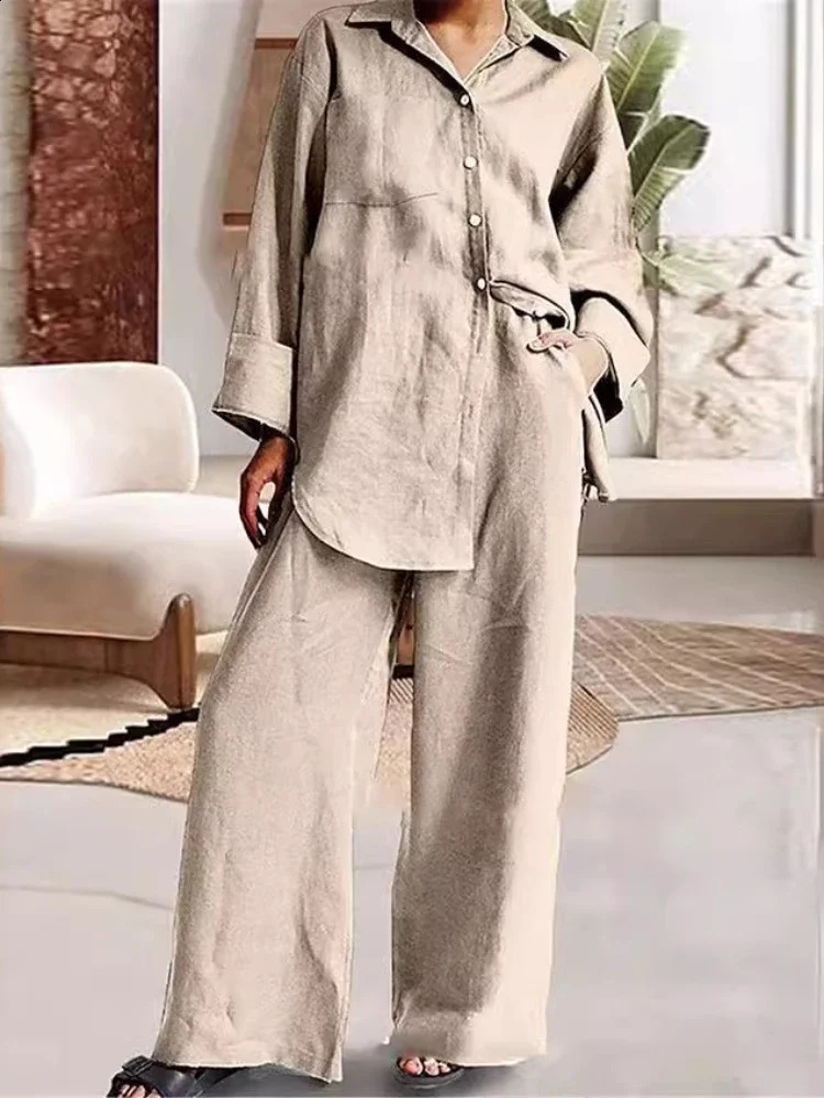 2024 Summer Womens Solid Color New Set Cotton Hemp Rope Collar Fashion Long Sleeve Shirt High Waist Wide Leg Pants Two Piece Set 240823