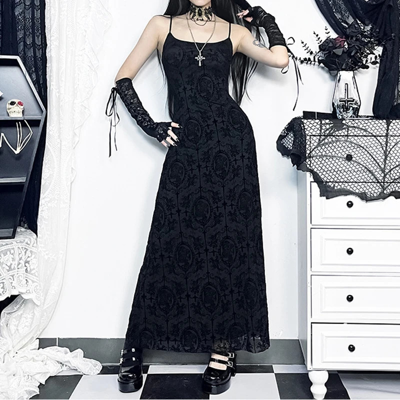 Goth Dark Cross Flocking Mall Gothic Aesthetic Dresses Grunge Punk Mesh Elegant Party Long Skirt Sling Slim Sexy Emo Alt Set 240823