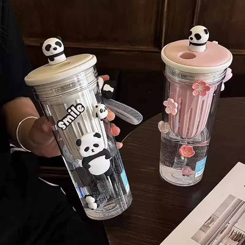 650ml Kawaii Sakura And Panda Water Bottle With Filter Cute Tritan Sport Ice Coffee Tea Juice Cups Gym Bottle For Girl Women 240822