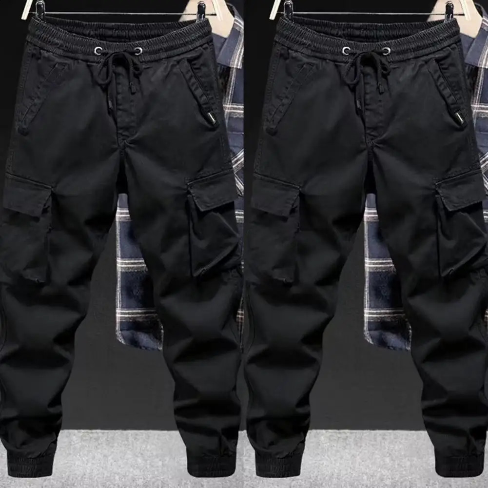 Elastic waistband pants breathable mens drawstring cargo elastic waist multiple pockets daily ankle strap 240823