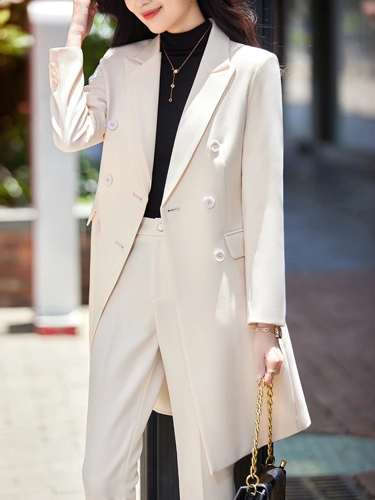 Womens work business suit pants set khaki black beige long jacket 2piece womens office formal and Trouser 240823