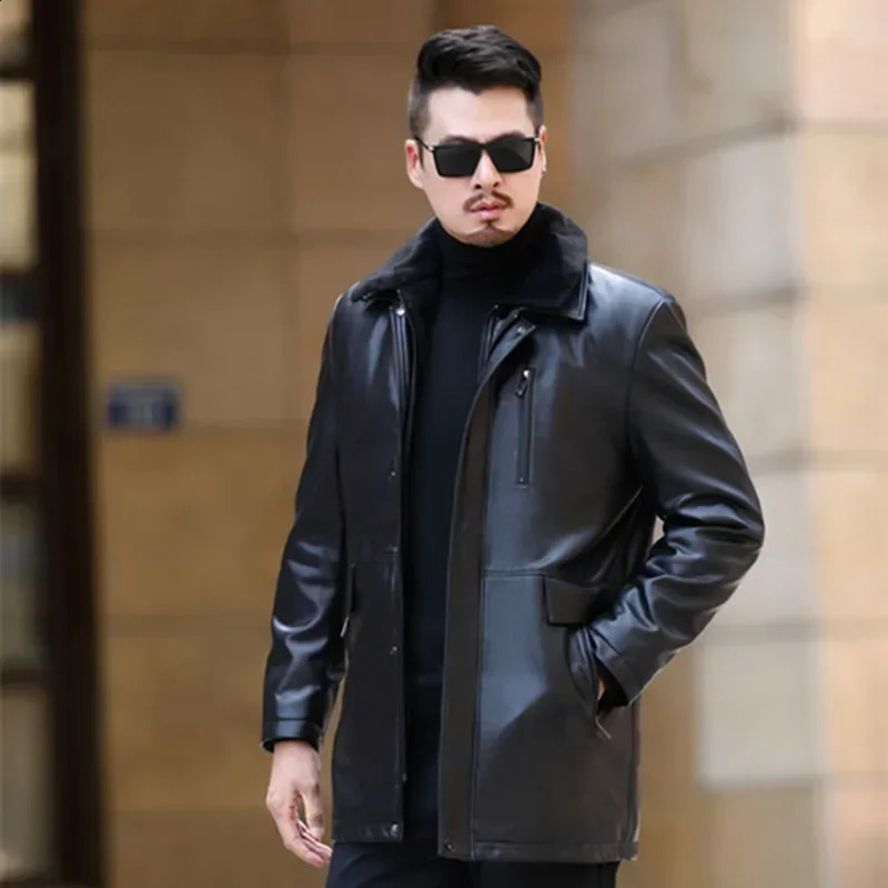 Mens Sheepskin Genuine Leather for Middle-aged and Elderly Men Plush and Thickened Winter Warm Mid Length Jacket 240822