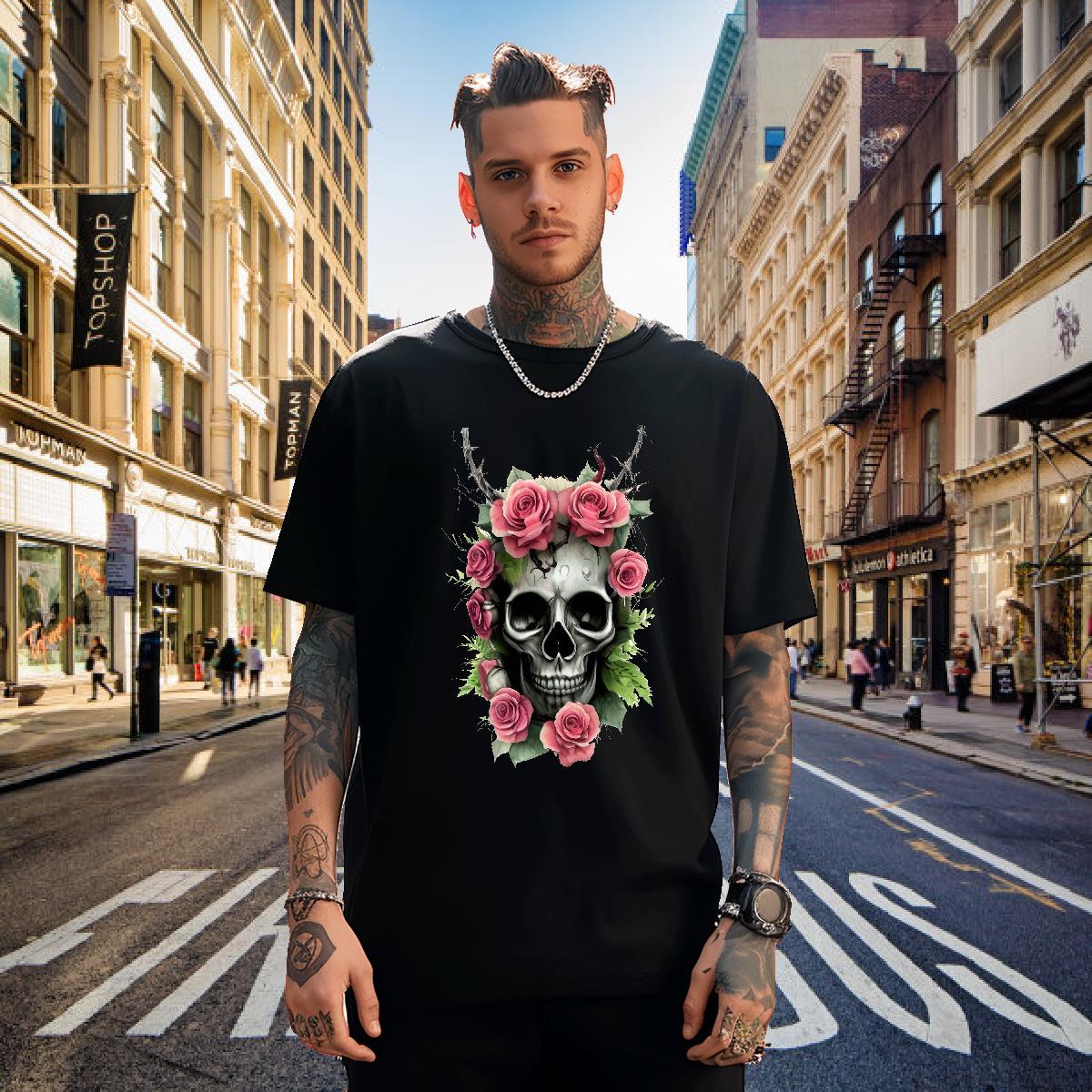 Wholesale Mens T Shirts 230g Cotton flower Street Customized Print Crew Neck Breathable Mens Tshirts 2024 DIY Tops