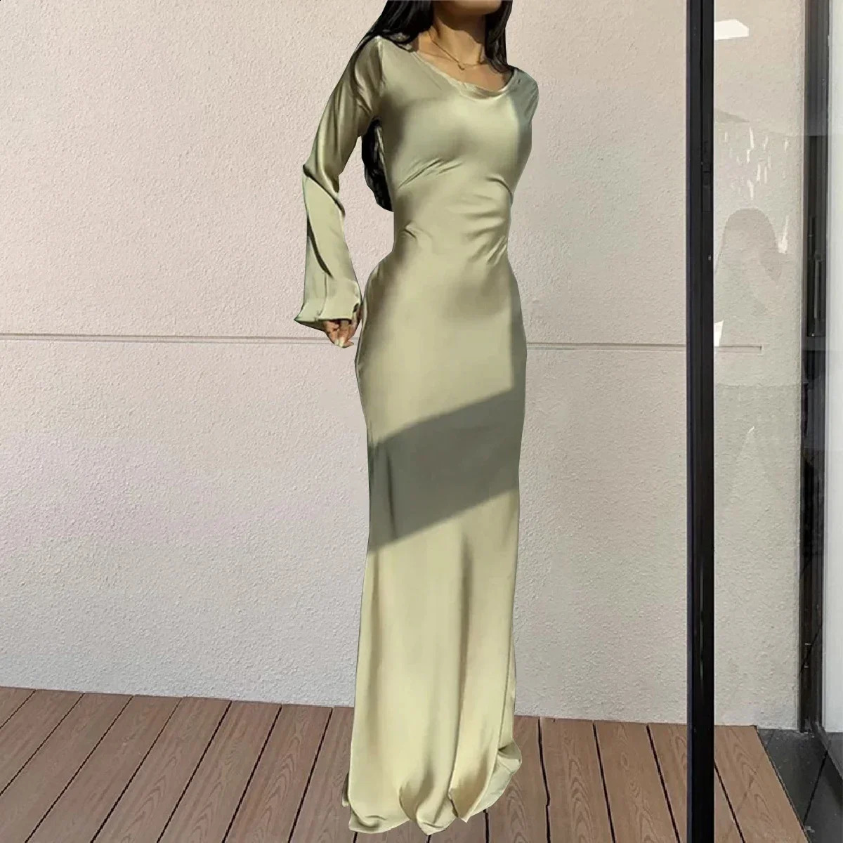 Elegant Long Dresses Fashion Vintage Simple Round Neck Satin Flare Sleeve Lace Up Slim Evening Party Women Sexy Dress 240823