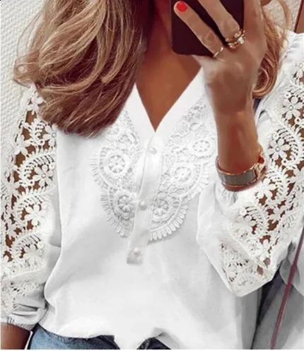 Elegant and youthful womens long sleeved shirt print white lace fashionable clothing 240822