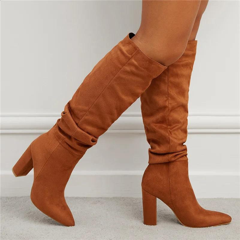 womens knee high boots 10cm high heels brown boots womens platform square heel stacked block shoe bag 240823