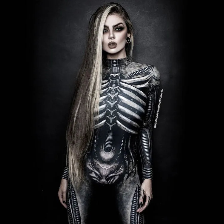 Womens clothing long sleeved 3D printed Halloween carnival horror human skeleton roleplaying tight jumpsuit Zentai fitting 240823