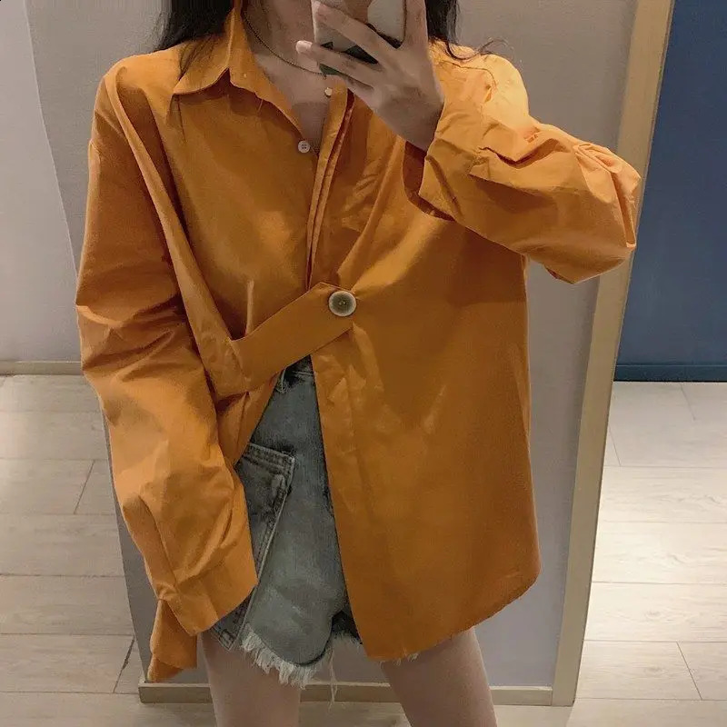 Irregular white loose trend shirt spring long sleeved polo neck solid fashion top street casual womens clothing w240824