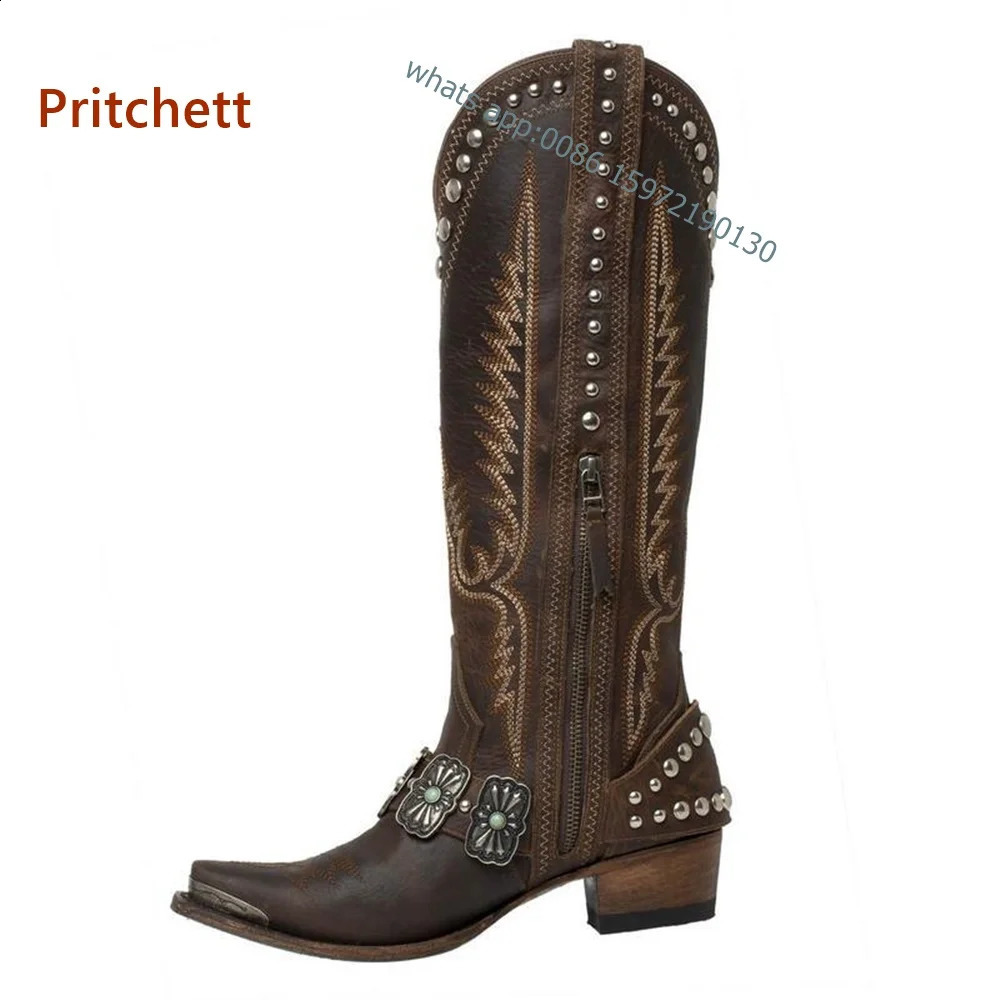 Rivet Embroidered Cowboy Boots with Toe Zipper Adult Womens Knight Boots Metal Decorative Punk Square Boots Winter Casual Shoes 240823
