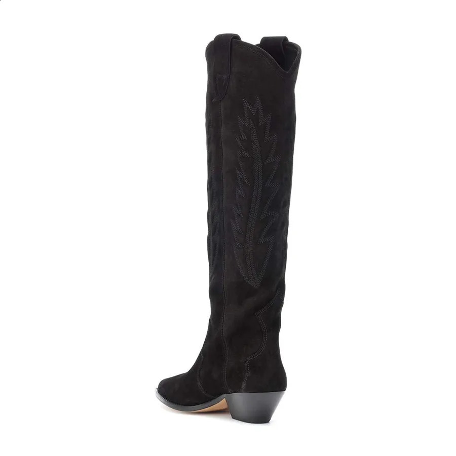 MStacchi Womens High Boots Nude Black Suede Embroidered Knee High Boots Womens Sexy Point Toe Spike Kitten High Heels Knight Boots 240823