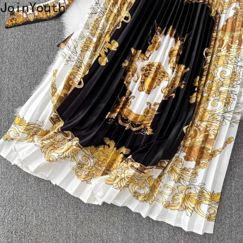 Temperament Outfits Korean Two Piece Sets Women Clothing Stand Neck Tunic Knitted Pullovers High Waist Floral Pleated Skirt Suit 240823