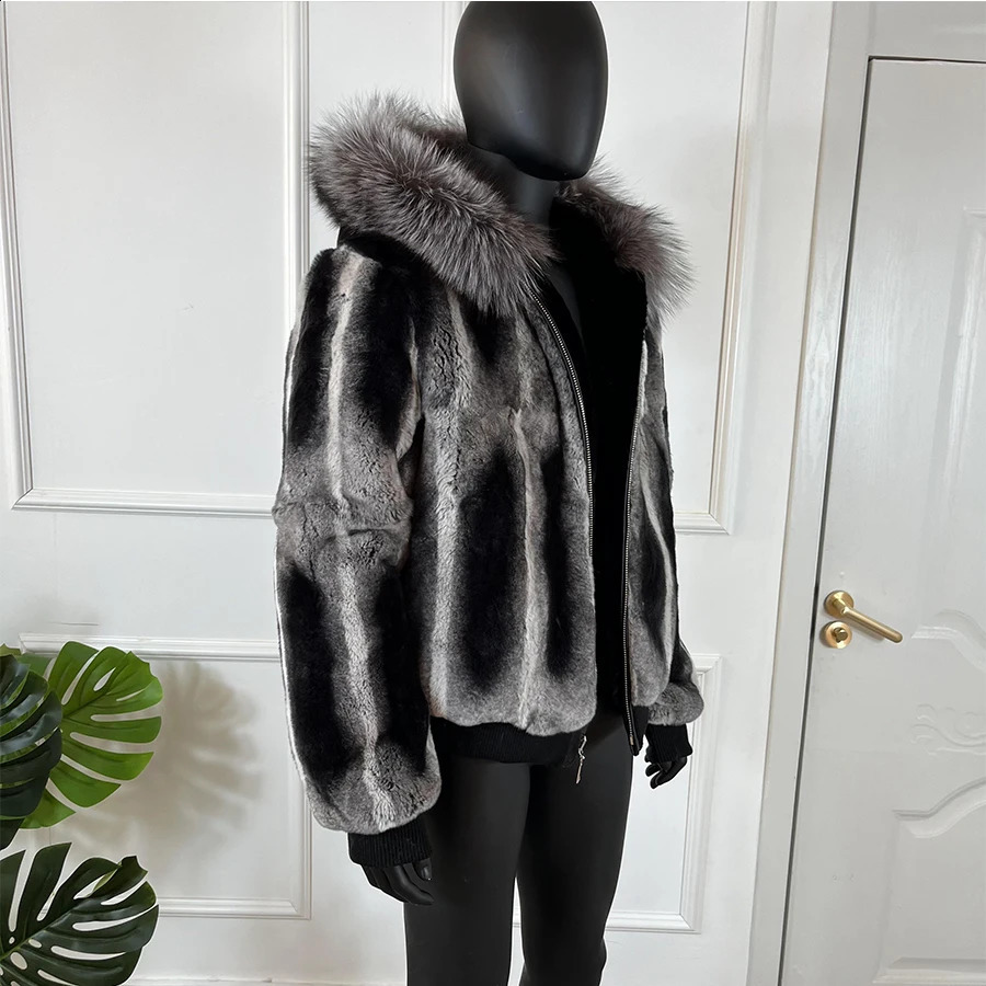 Chinchilla Fur Coats Real Rex Rabbit Fur Hooded Jacket With Natural Fox Fur Collar Real Fur Jackets 240823