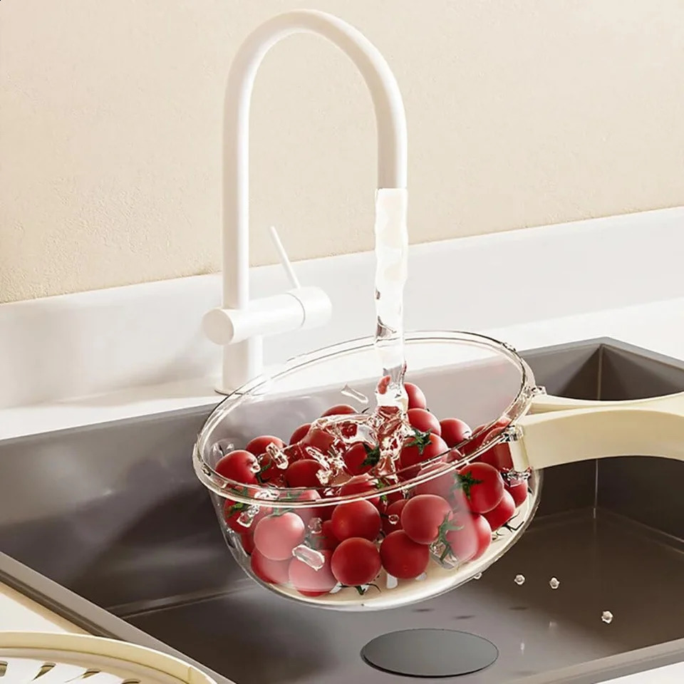 Fruit Washing Bowl Drain Basket Collapsible Handle Portable Basin Rotary Switch Kitchen Colander Bowl Set for Fruit Vegetable 240823