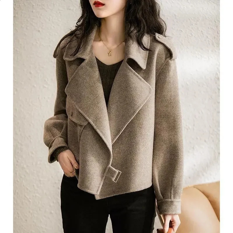 Womens Coat Woolen Blends Long Sleeve Autumn Short Coats Office Lady Turn-down Collar Thick Loose Winter Jackets for Women 240822