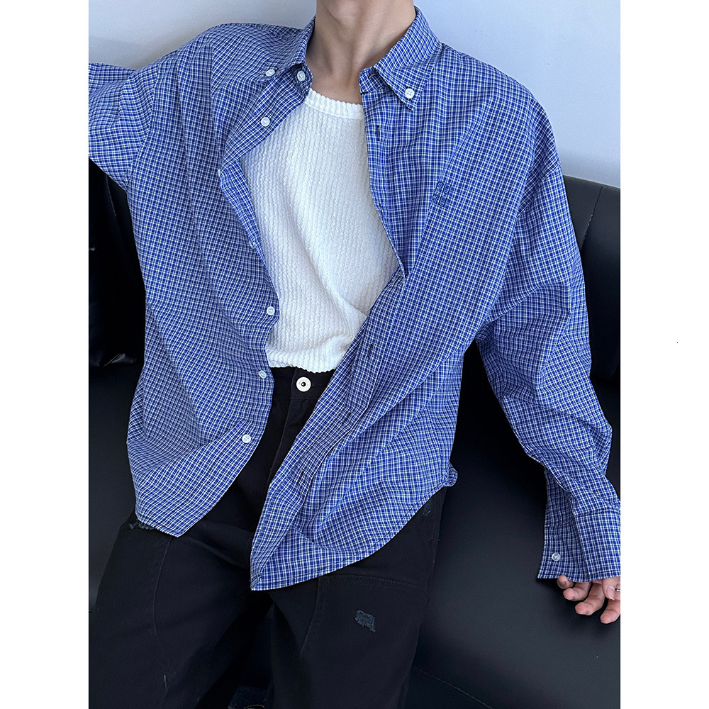 American Lazy Loose Blue Checkered Short Sleeved Shirt for Men New Versatile Casual Embroidered Shirt Trend