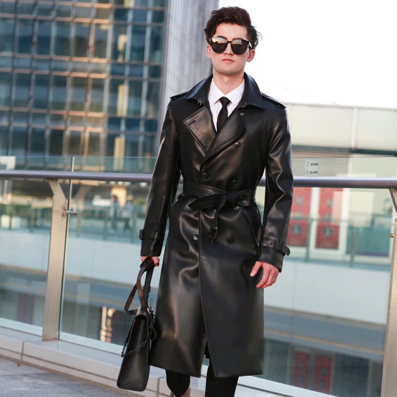 mens leather trench coat long knee length double breasted classic british fashion jacket thickened down vest leather windbre 240822