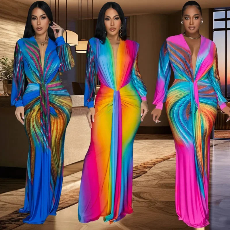 Bohemian Gradient V Neck Lace Up Dress For Women Summer Sexy Slim Fit Long Sleeved Evening Dress Fashionable Pleated Long Dress 240823