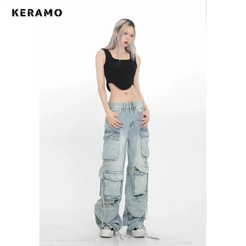 Casual High Waist High Street Style Blue Straight Jeans Vintage Pockets Lace-up Pants Womens Wide Leg Baggy Y2K Denim Trouser 240822