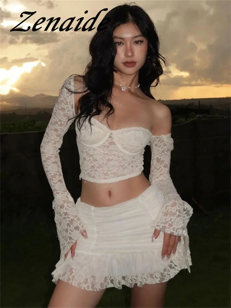 Zenaide 2024 Flare Long Sleeve Crop Top And Pleated Mini Skirt 2 Piece Set Sexy Lace Ruched Holiday Summer Women Sheer Outfits 240813