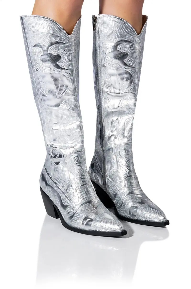 Metal Cowboy Boots Pink Western Cowboy Boots Womens Pointed Toe Stacked Heeled Mid Calf Embroidered Shoes 44 240823
