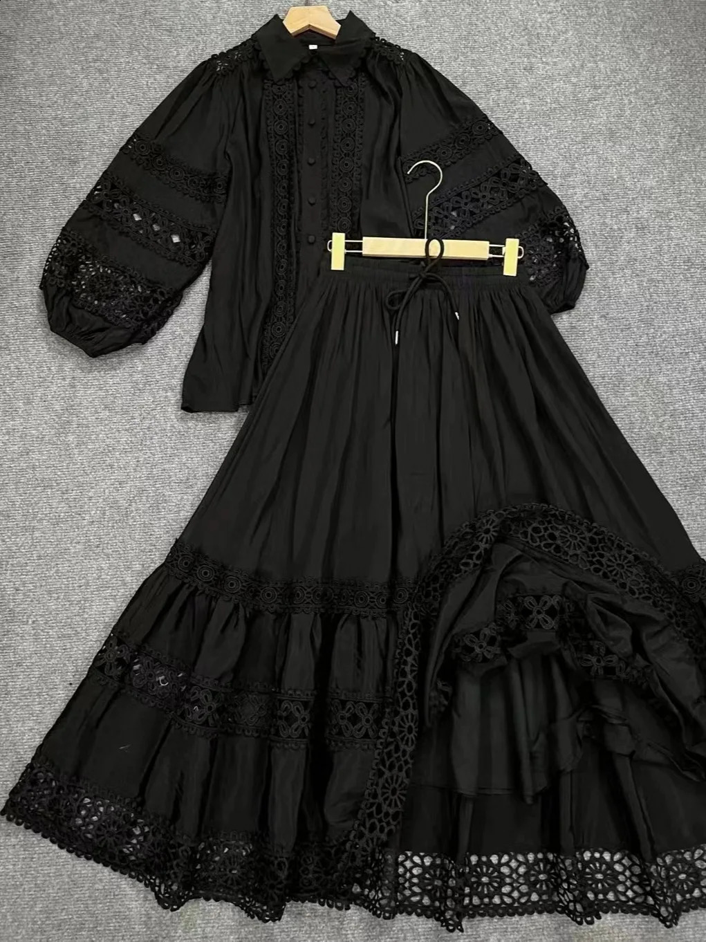 Getspring Women Shirt Skirts Sets Lantern Sleeve Hook Flower Hollow Shirt Tops High Waist Vintage Long Skirts Two-piece Suit 240823