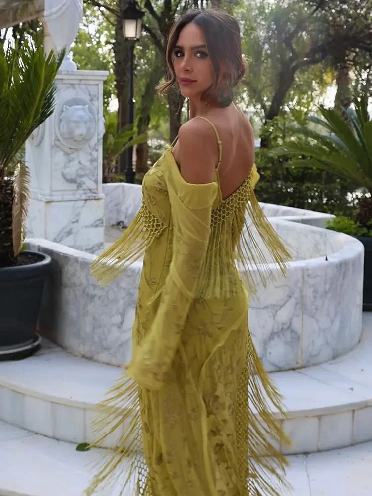 Sexy Off Shoulder Tassel Split Sling Dress Women Backless Long Sleeved Slim Robes Fashion Lady Vacation Beach 240823