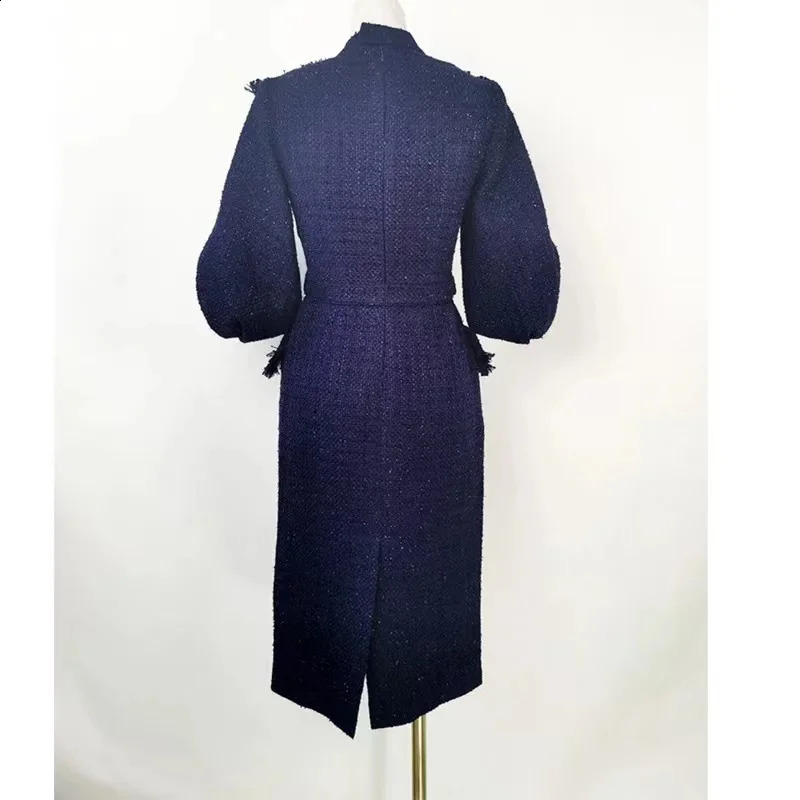 High Quality Women Bowknot Tweed Woolen Dress Autumn Winter Plaid Lantern Sleeve Ladies Office Midi Vestidos With Belt 240823